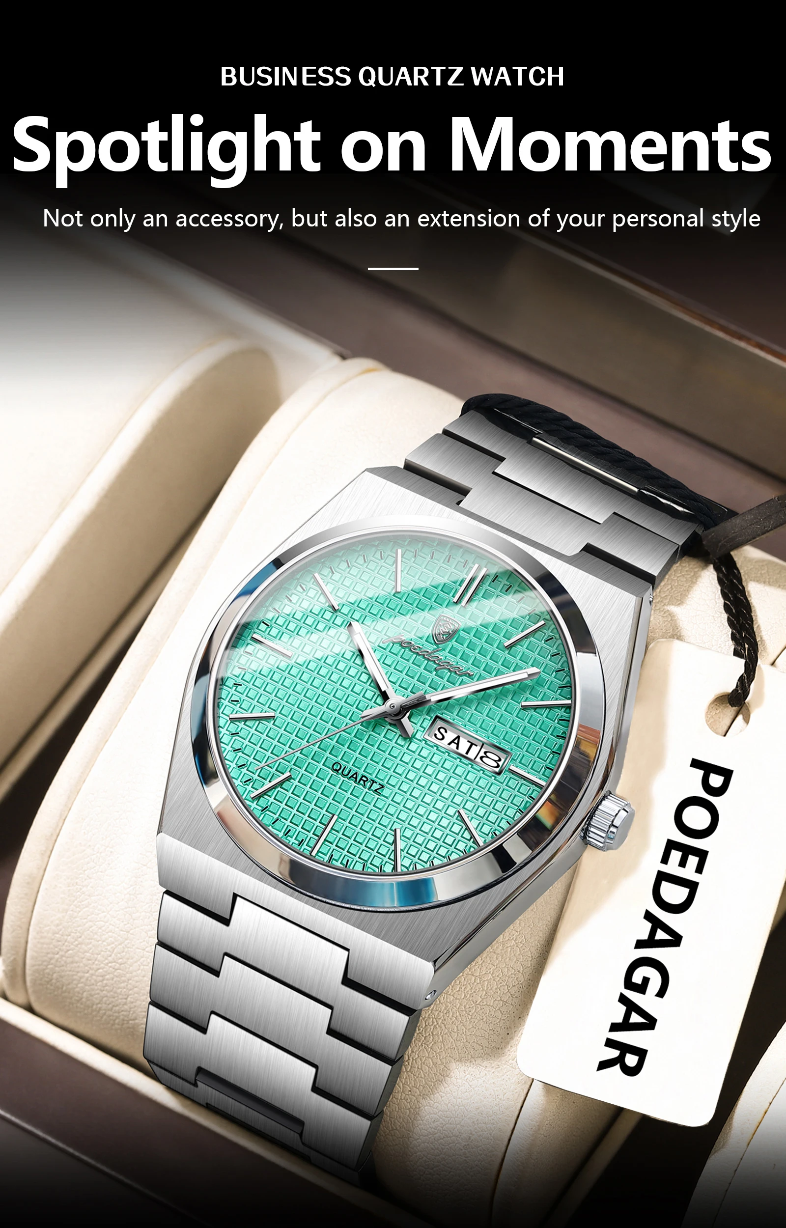 POEDAGAR Top Business Mann Uhr Leuchtende Wasserdichte Edelstahl Männer Armbanduhr Datum Woche Quarz Mode Lässig männer Uhren – Detail 5