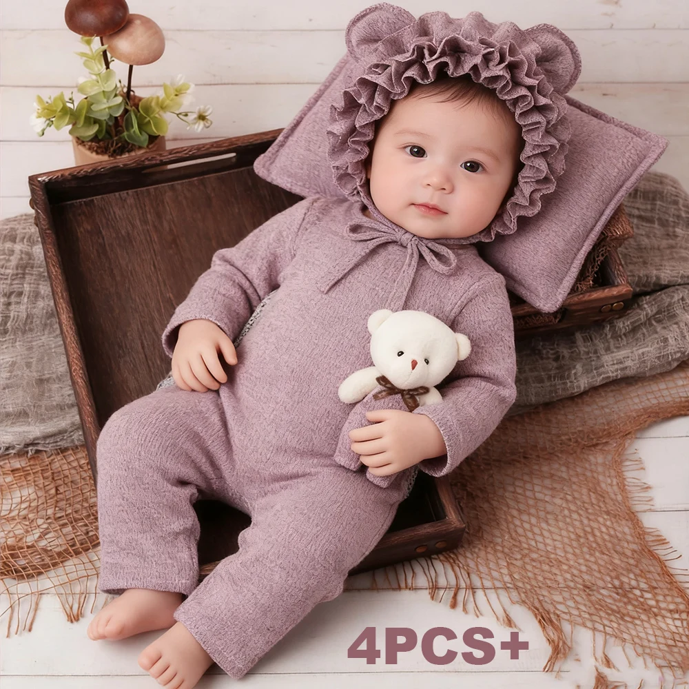 4Pcs Newborn Girl Photography Outfits Bears Ears Hat with Mini Bear Doll And Comfortable Posing Pillow Infant Photo Props