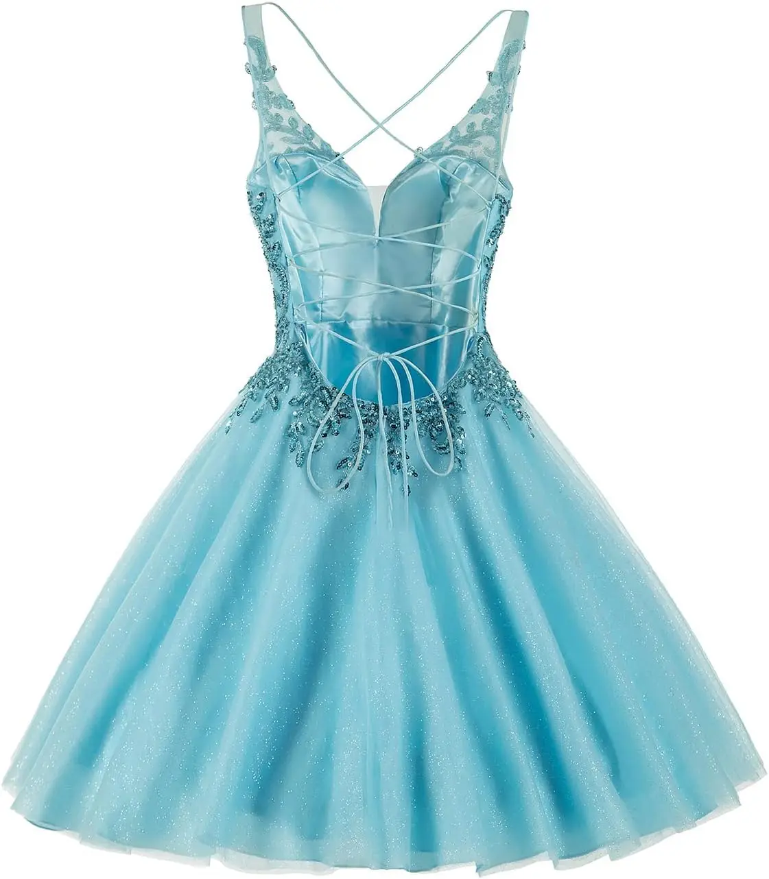 فستان دانتيل تول لحفلات العودة للوطن للمراهقين قصير بحزام سباغيتي DAMA Quinceanera فستان حفلة موسيقية مطرز سباركلي فوق الركبة، صغير