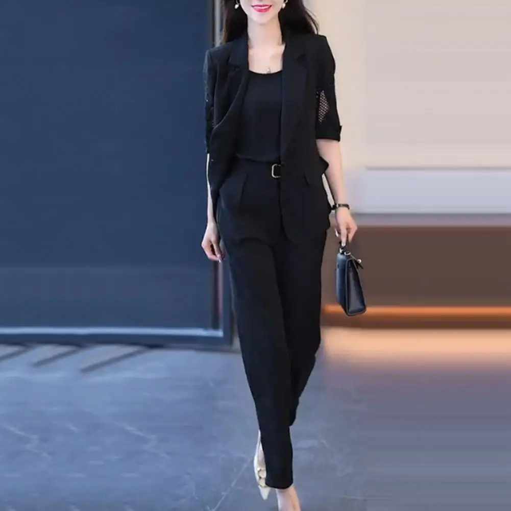 Ol Commuter Style Suit High Waist Pants Set Chic Women's Business Suit Set V Neck Sleeveless Vest Lapel Hollow Out Coat High