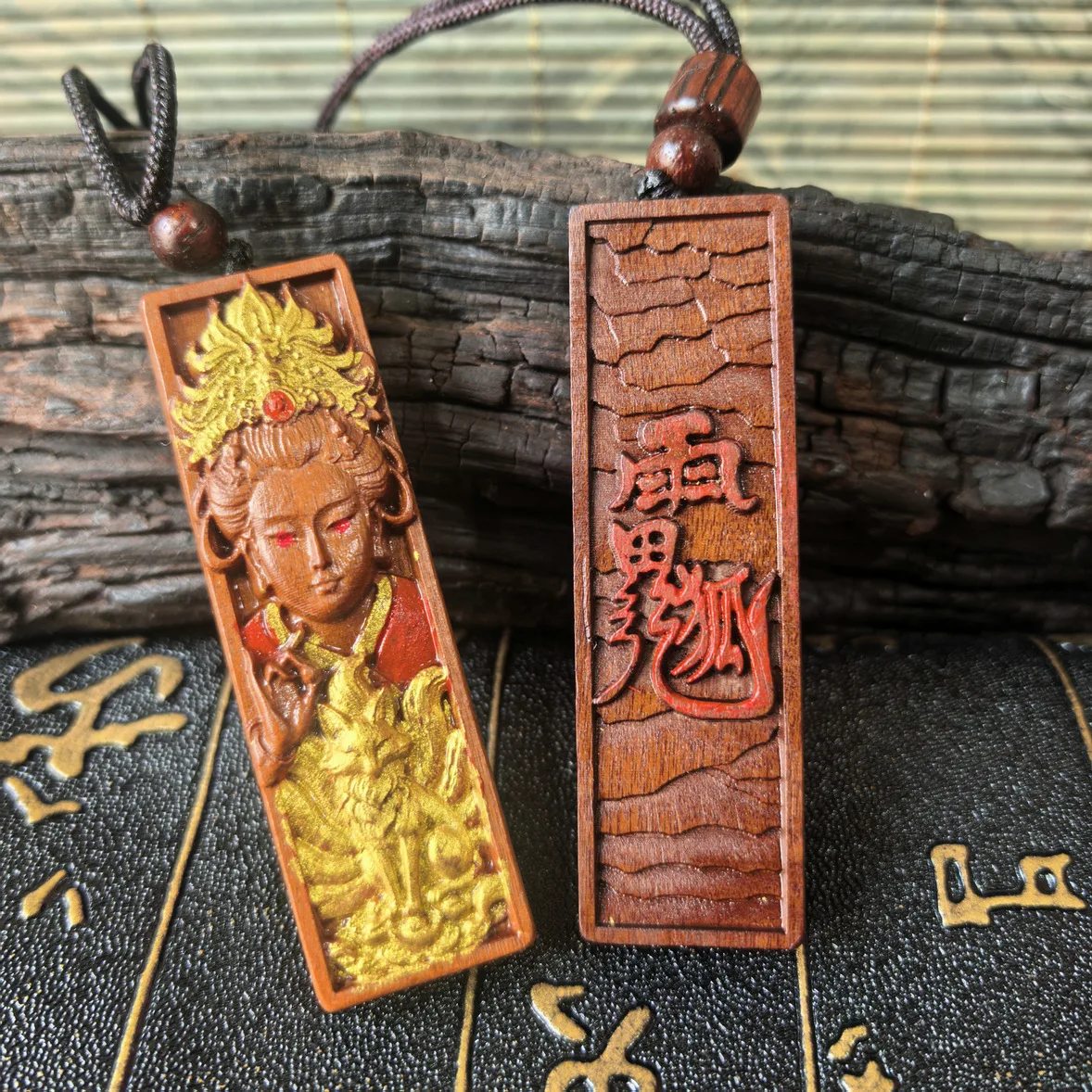 Chinese Style Lightning Struck Jujube Wood Gilded Cinnabar Nine Tailed Fox Goddess Long Pendant Lucky Blessing Fortune Amulet