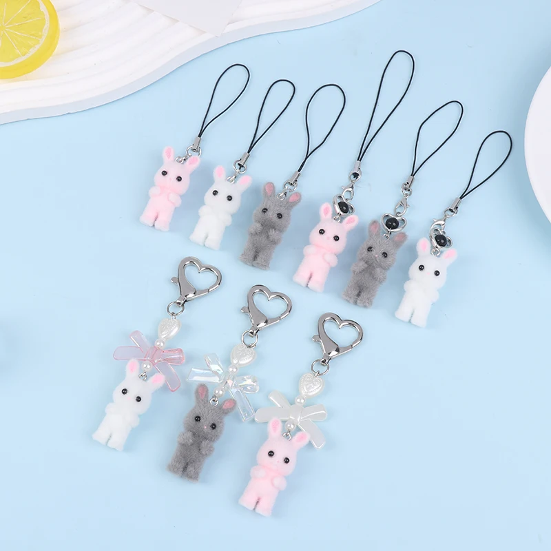 Cartoon Flocking Rabbit Keychain Phone Chain Plush Bunny Phone Lanyard Keyring Car Key Holder Bag Pendant Earphone Camera Chain