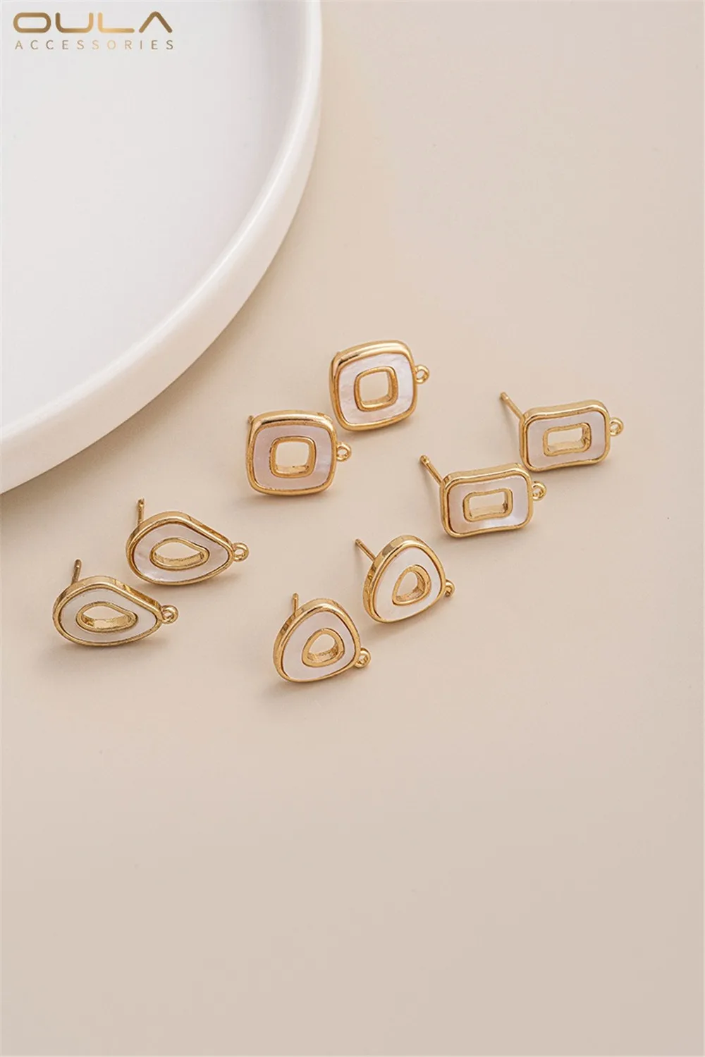 مجموعة أقراط DIY مع قلادة، 925 إبر فضية، أم اللؤلؤ، مطلية بالذهب، مجوفة، أشكال هندسية، طبيعية، 14 قيراط