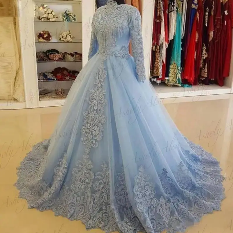 Customzied Elegant Evening Dresses Long Sleeve High Neck Lace Tulle A Line Women Formal Occasion Dress Prom Wedding Party Gown