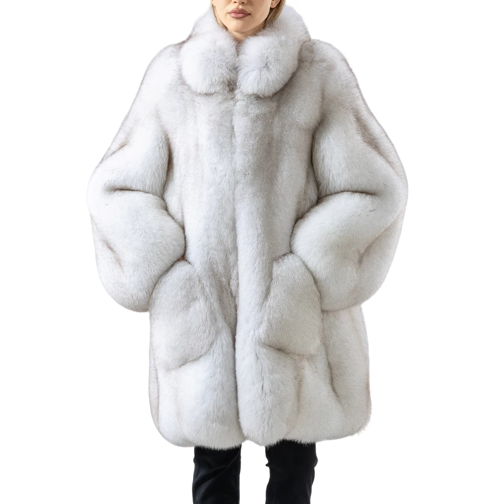 

natural blue fox fur coat mid-length luxury soft think warm overcoat length 94 CM 250456