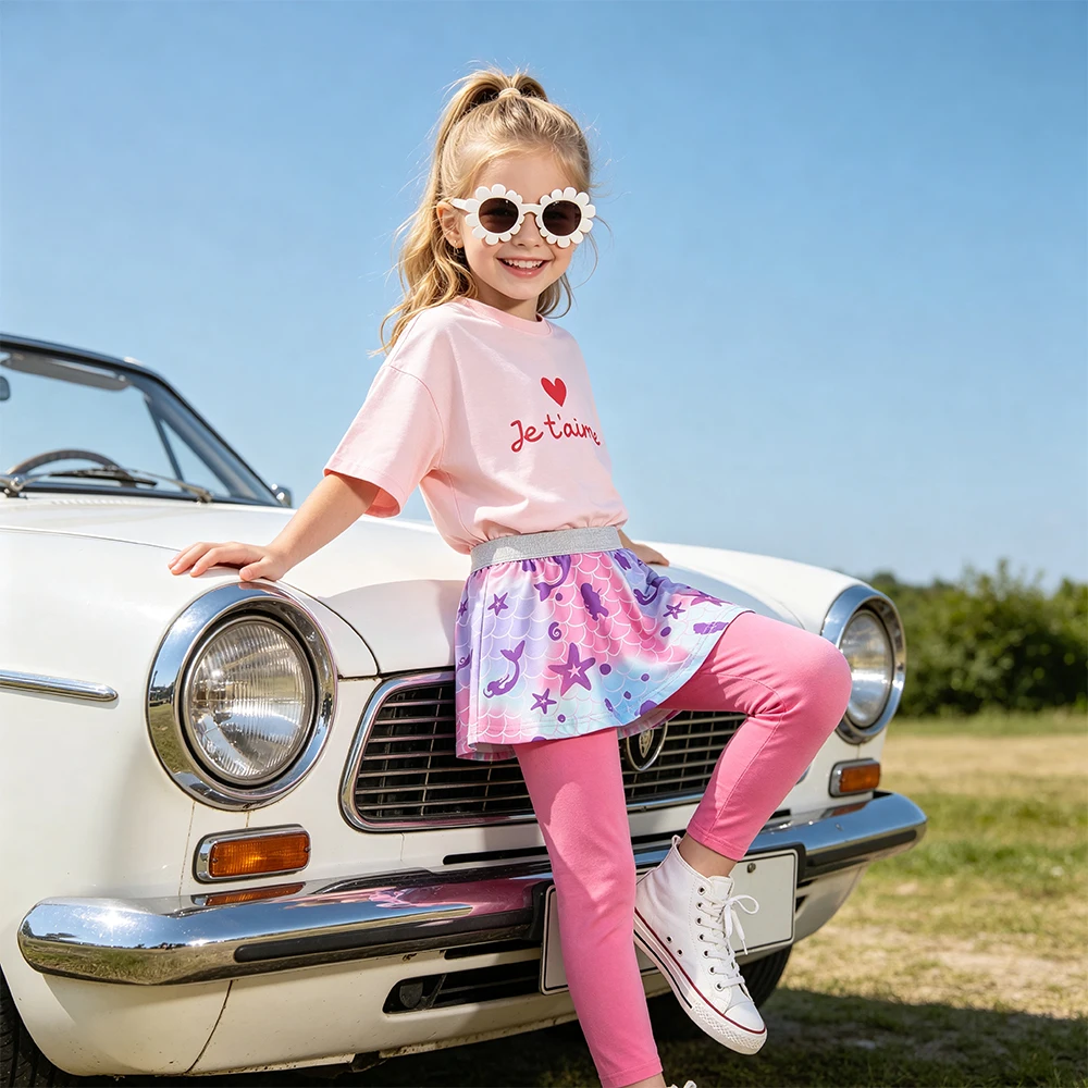 DXTON Girls Trousers+Skirt Mermaid Print Autumn Toddlers Skinny Leggings with Skirt Autumn Kids Skirt Pant Fake Sporting Outfits