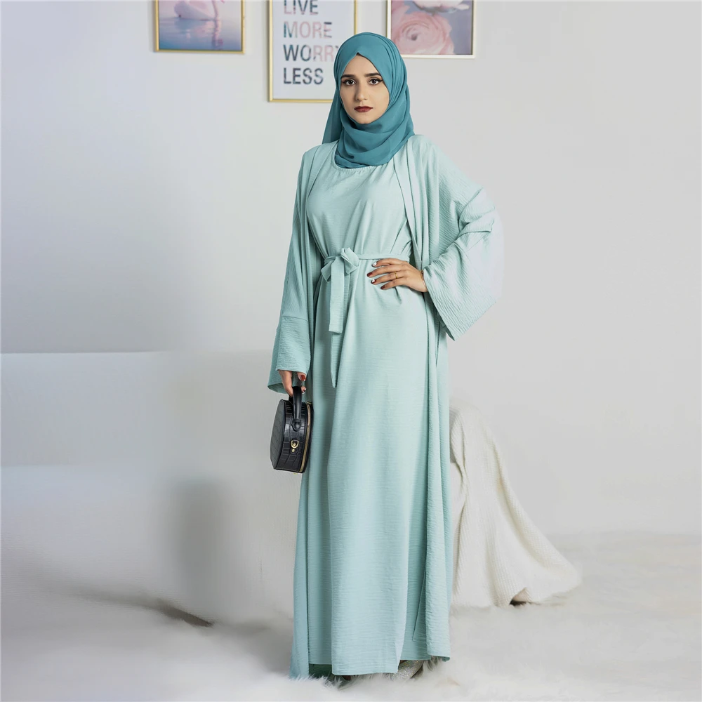 2 Delige Moslim Vrouwen Kimono Open Abaya Dubai Kalkoen Kaftan Innerlijke Mouwloze Jurk Set Eid Ramadan Jalabiya Robe Caftan Vestidos