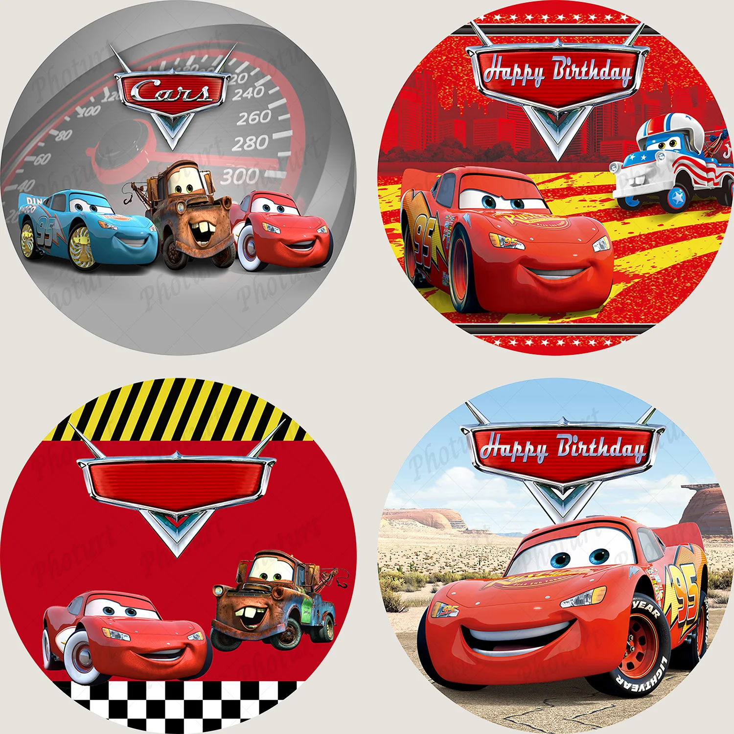 

Round Disney Cars Mcqueen Backdrop Birthday Party Background Circle Red Lightning Racing Car Vinyl Photography Decor Props