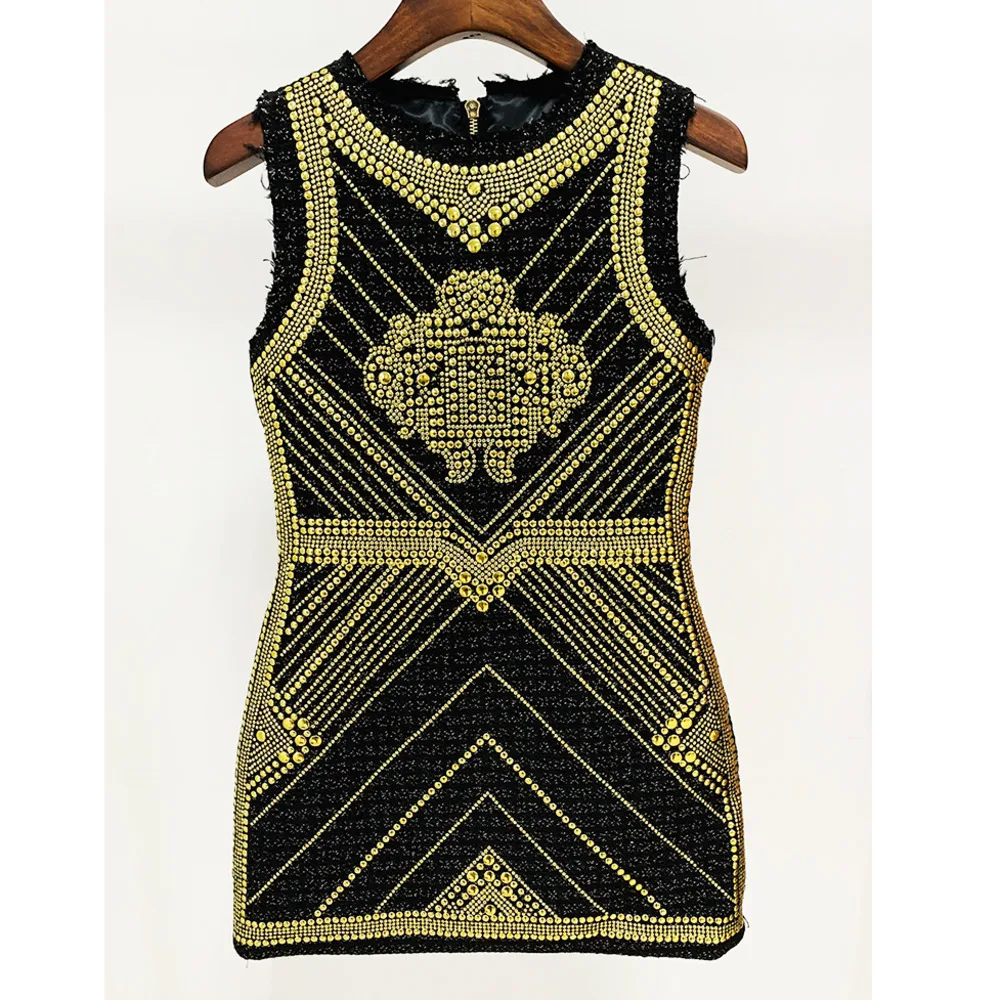 

New Sexy Women Fashion Designer Summer Sleeveless Slim Mini Dress Metal Rivet Beaded Tweed Party Cocktail Club Bodycon Dress