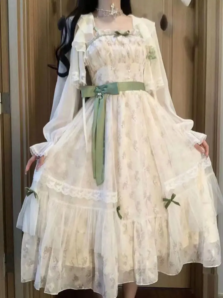

2025 New Lolita Sweet Chiffon Long Sleeve Sun Protection Cardigan+ Y2k Sexy Slim Waist Bow Dress for Women Summer Two Piece Sets