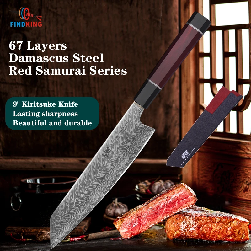 

FINDKING Knife New! Red Samurai Series 9 inch Kiritsuke Knife AUS-10 67 Layers Damascus Steel Kitchen Chef Knife