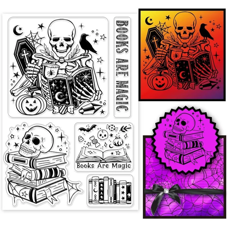 1 pz Halloween scheletro libri timbri trasparenti per fai da te Scrapbooking libri magici Silicone trasparente timbro sigilli timbri trasparenti