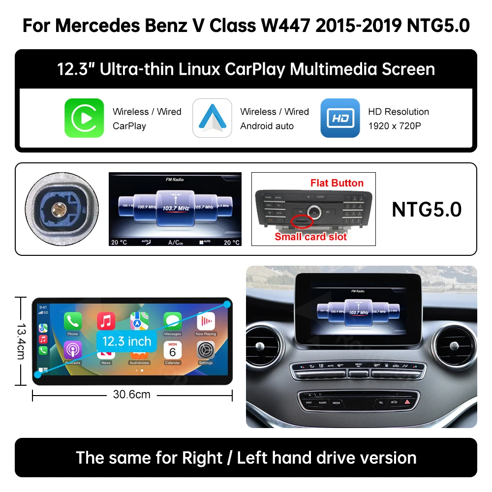 12,3'' Multimedia-Display-Bildschirm mit kabellosem CarPlay für Mercedes-Benz GLC A C V Klasse W205 W176 W447 CLA GLA G Klasse W463 NTG5.0