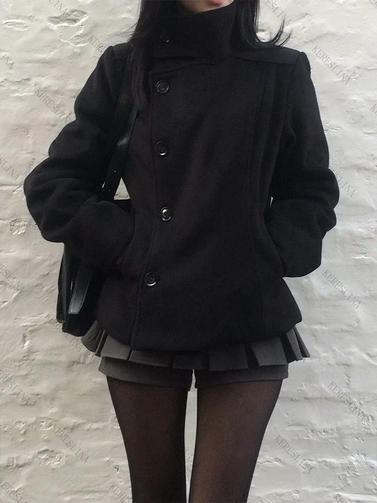 Y2K Goth Women Cropped Wool Coat Stand Collar Asymmetric Buttons Slim Fitted Solid Black Vintage Fall Winter Casual Outer Jacket