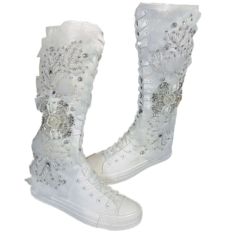 White Canvas High Tops Lace Up Women\'s Sneakers Cool Motorcycle Ladies Knee High Boots Luxury Rhinestone Casual Vulcanized Shoes