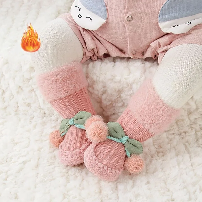 Cute Baby Thick Fleece Lined Shoe Socks with Cherry Print Super Soft Indoor Non Slip Winter Warm for Girl Babies