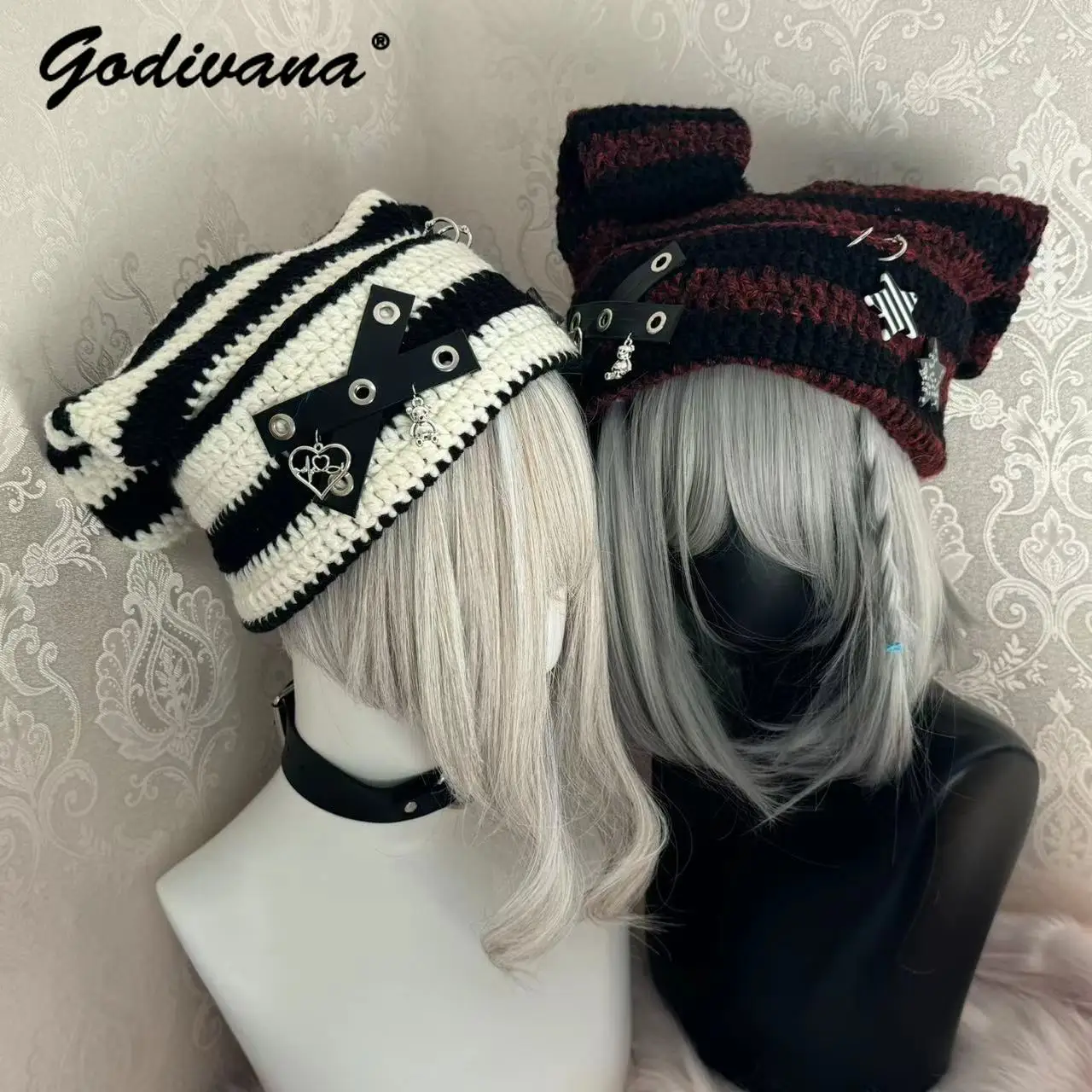 Spice Girl Subculture Striped Rabbit Ear Hat Y2K Girl Cute Warm Lop Ear Rabbit Hat Sweet Cool Y2K Women's Winter Knitted Hats