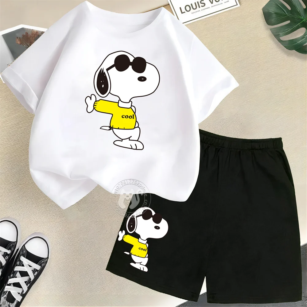 Children\'s Summer 100% Cotton T-shirt Cute Snoopy Print Youth Round Neck Short Sleeve+Shorts Boys and Girls Fashion Set