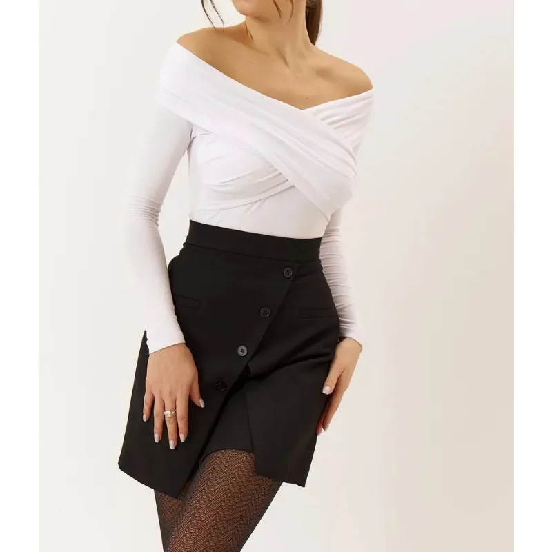 

Off-the-shoulder One-word Collar T-shirt Long-sleeved Pleated Cross-top Women's Clothing