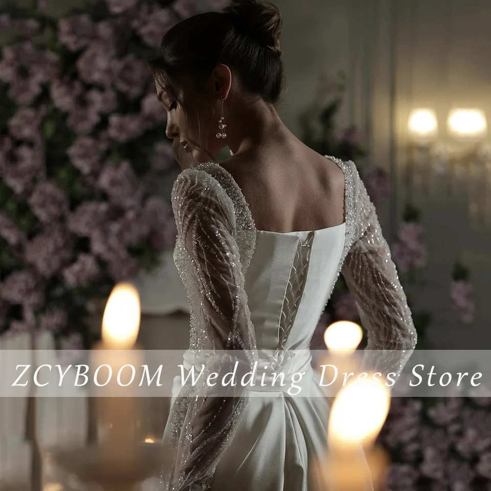 Robe de mariée sirène blanche personnalisée, col carré, paillettes, manches longues, longueur au sol, traîne de balayage, robe de mariée à lacets, 2025