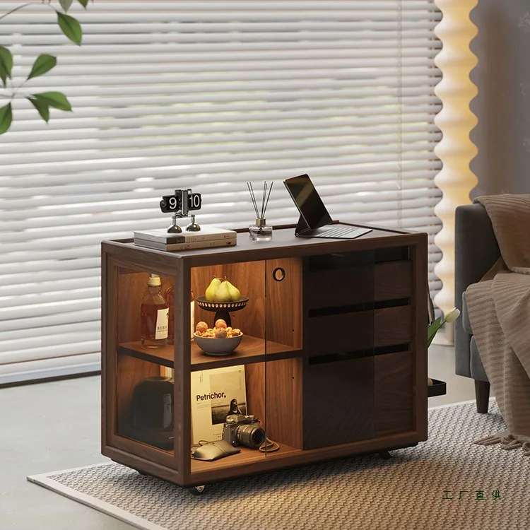 Solid wood sofa side cabinet Nordic living room home side table removable trolley tea table black walnut tea cabinet