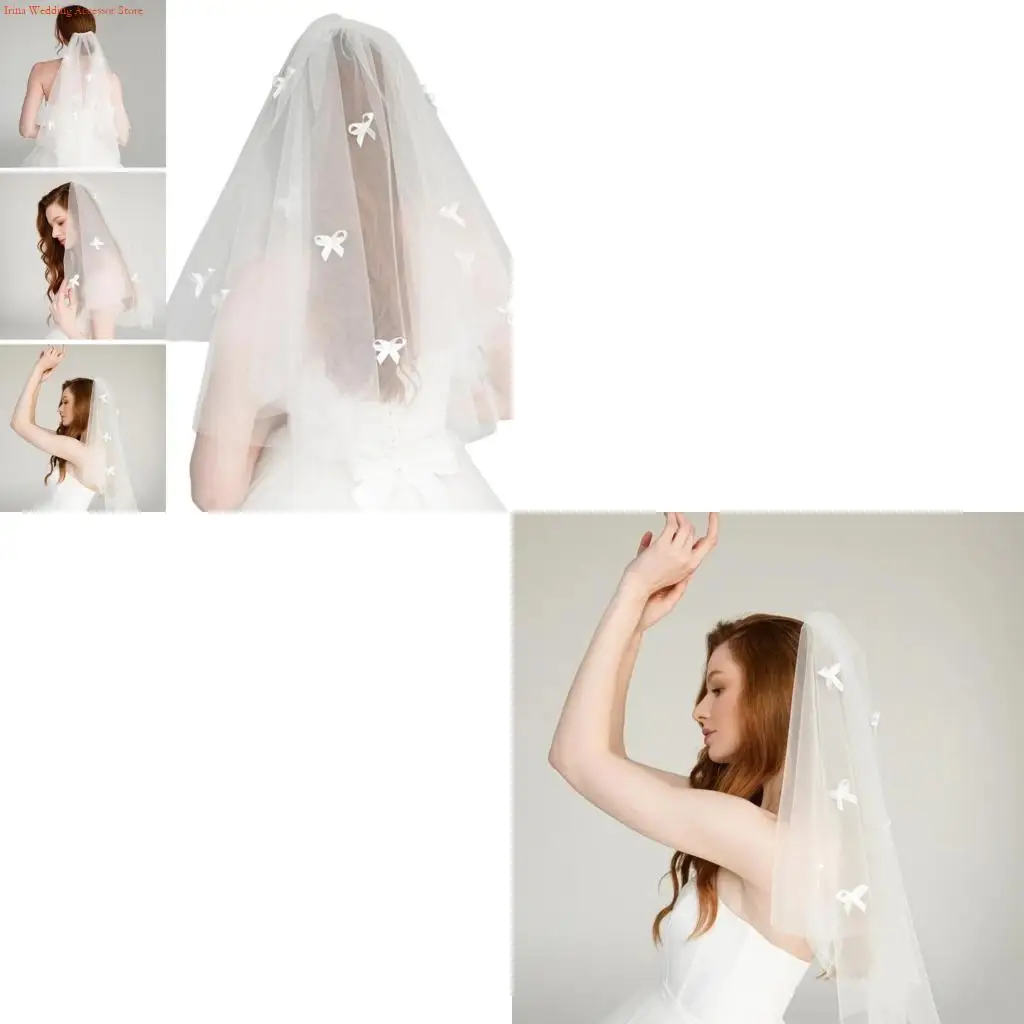 G92D Elegant White Tulle Wedding Veil With Scattered Bowknot Soft Bridal Accessory With Easy Attach Comb for Women Girls