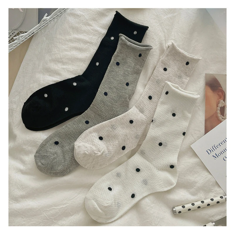 

Summer Ultra Thin Women's Medium Tube Dot Socks Ins Tide Cotton Japanese Students Mesh Breathable Curling Stacking Stockings