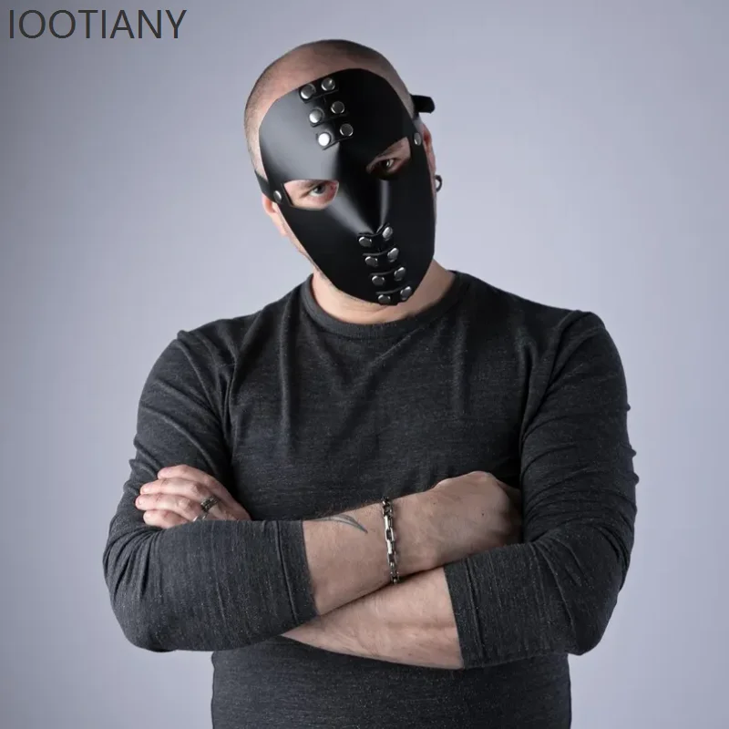 Party Coplay Hood Mask Stage Performance Carnival Halloween Festival Headpiece Black Leather Full Face Red Accessory Prop