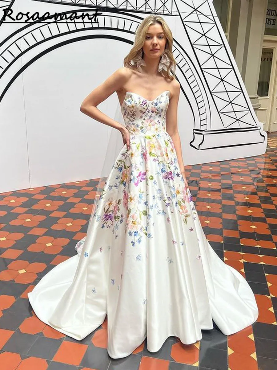 Print Flower Wedding Dresses Sweetheart Bridal Gowns For Bride Robe De Mariée Beach Sweep Train For Women