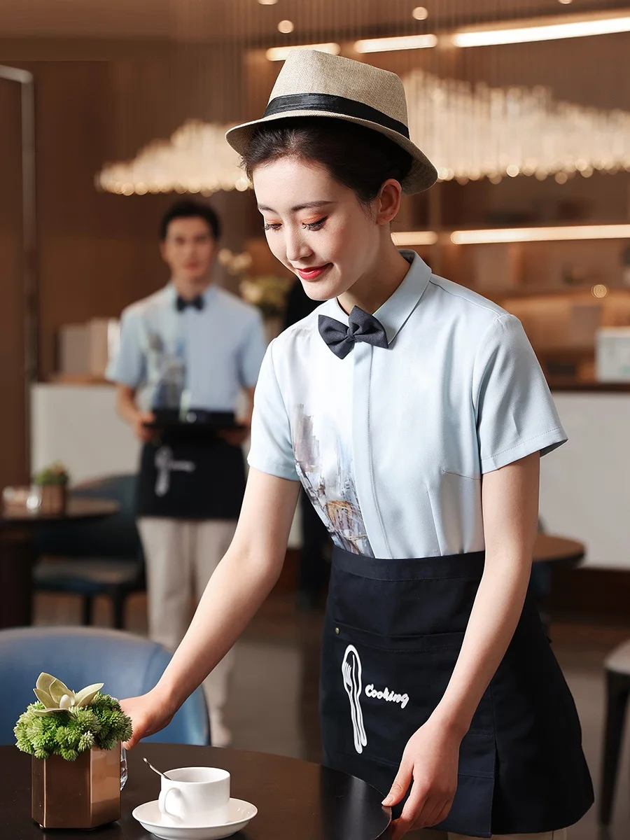 2023 Spring Milk Tea Store Working Clothes Coffee Shop Waiter Summer Flower Shirt+Apron Fast Food Store Employee Uniforms Sales