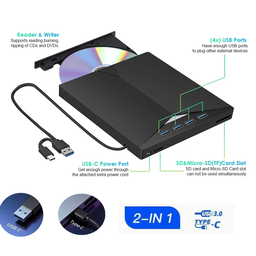 7-in-1 Ultra-Slim External CD DVD Drive USB 3.0 Portable Burner Writer for Laptop Compatible with Desktop Windows 7/8/10