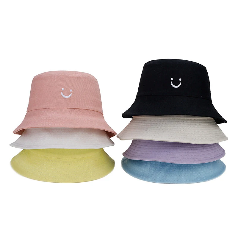 Unisex Simple Smiley Face Embroidered Bucket Hat Casual Sun Protection Cap