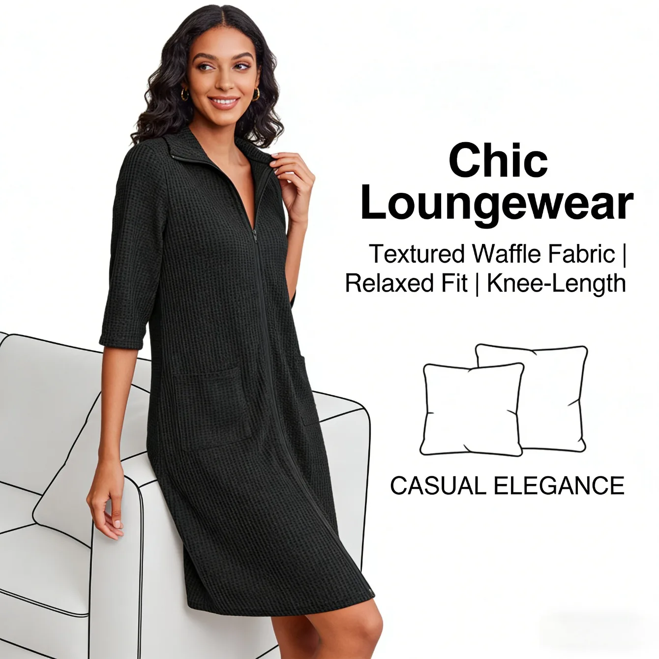 

Womens Autumn and Winter Robe Three-Quarter Sleeve Zip-Up Short Style Pocket Design Soft and Warm Home Nightgown