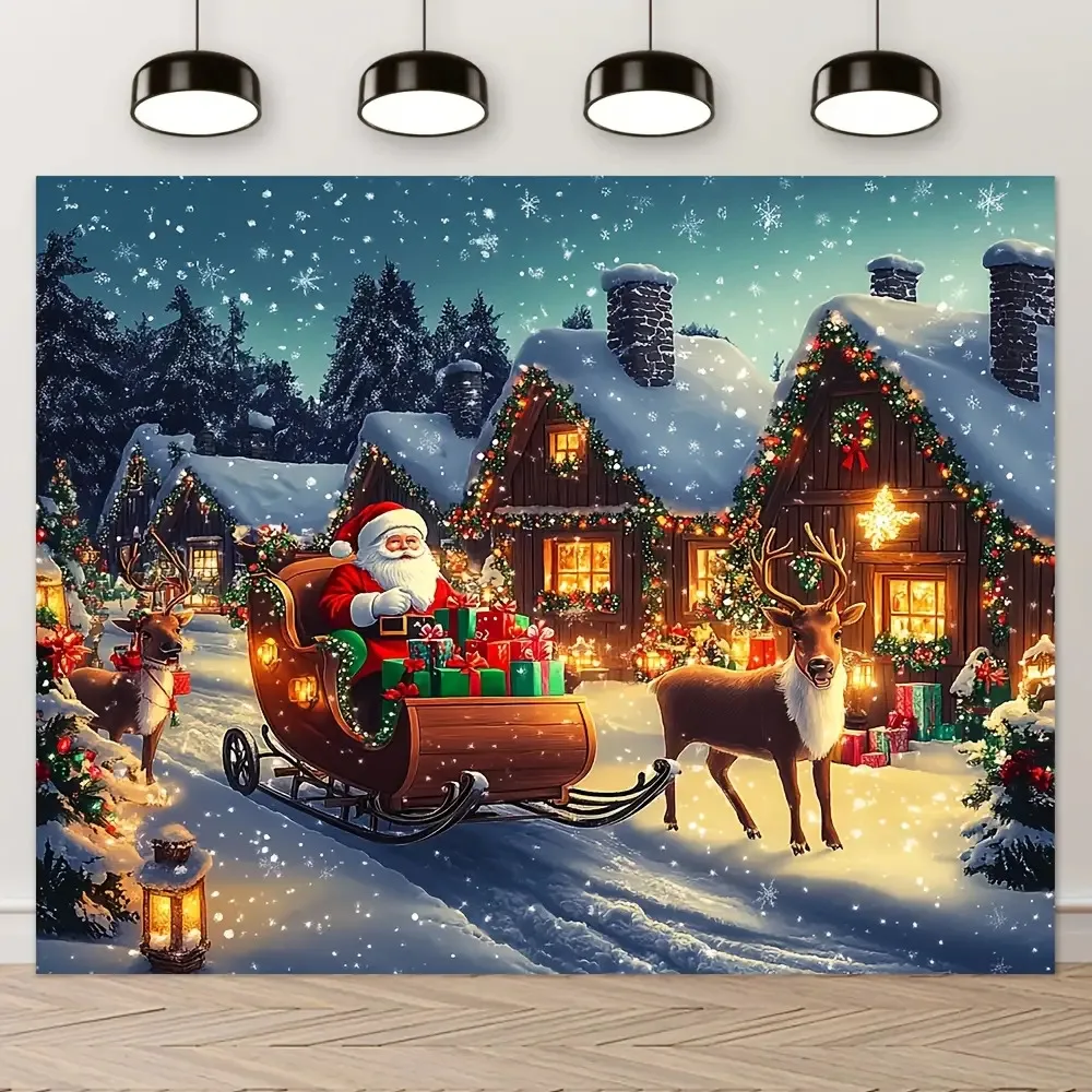 A Polyester Christmas Backdrop Measuring 70.8X90.5 Inches Featuring a Scene with Santa'S Sleigh And Reindeer, Suitable for Decor