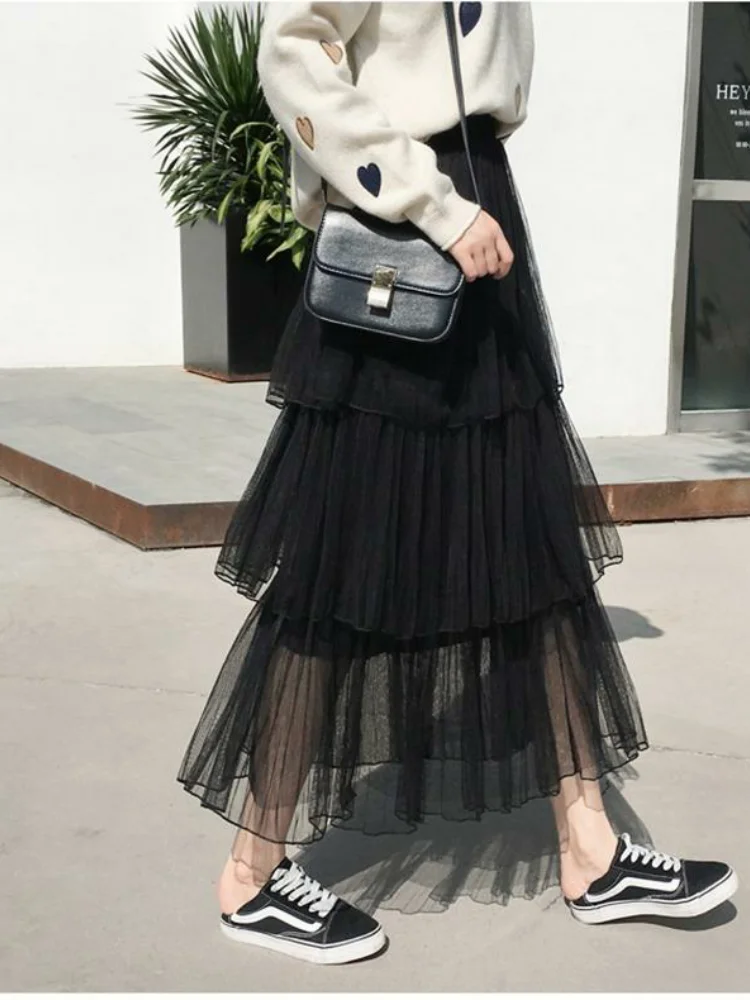 กระโปรงตาข่ายจีบพลีทสไตล์ใหม่สำหรับฤดูใบไม้ผลิและฤดูร้อน กระโปรงทรงเอไลน์ยาวปานกลางสำหรับผู้หญิง น้ำหนักเบา ระบายอากาศได้ดี เหมาะสำหรับใส่ในชีวิตประจำวัน