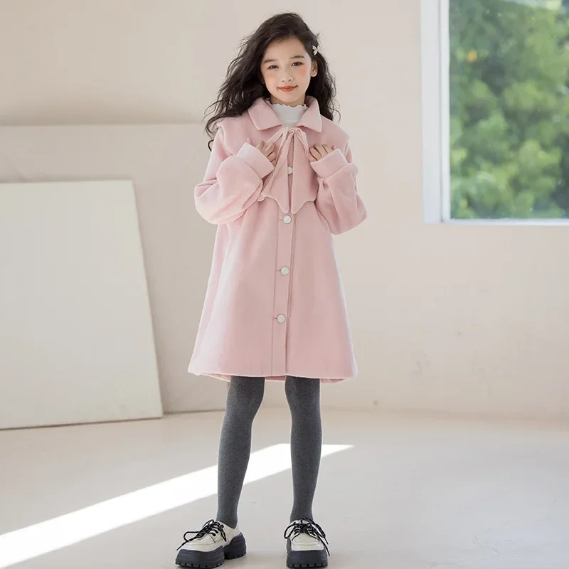 Winter Girls Wool Coat Mid-length Pink Princess Outerwear for Kids Fleece Thick Warm Fashion Teen Children Clothes 10 12 Years