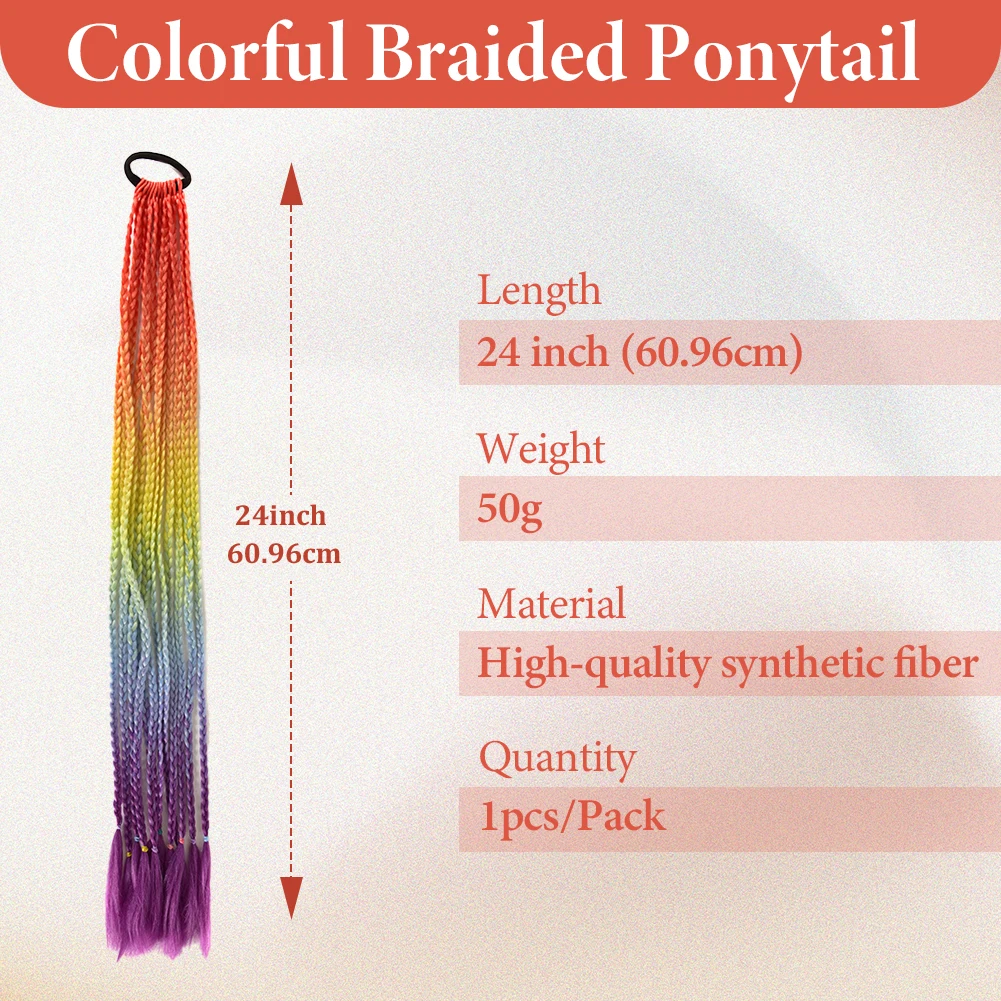 Colorful Braided Ponytail Synthetic Hair Extension 24 Inches Rainbow Color Braids Pony Tail with Elastic Band for Women Girls