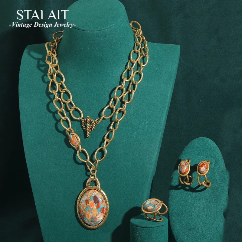 

Vintage Jewellery Women Oval Clip Earring Set Nautical Map Pendant Necklace Palace Luxury Natural Stone Big Chain Jewelry 2024