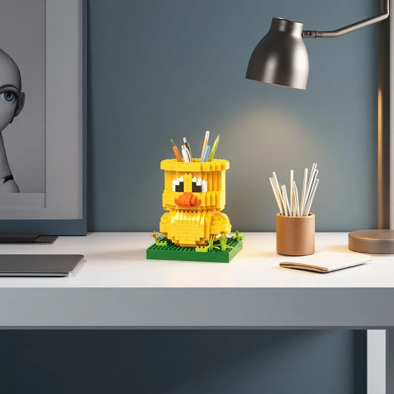 640PCS Yellow Duck Pen Holder Building Block Set Cool Unique Desk Decoration Toy Fun to Assemble