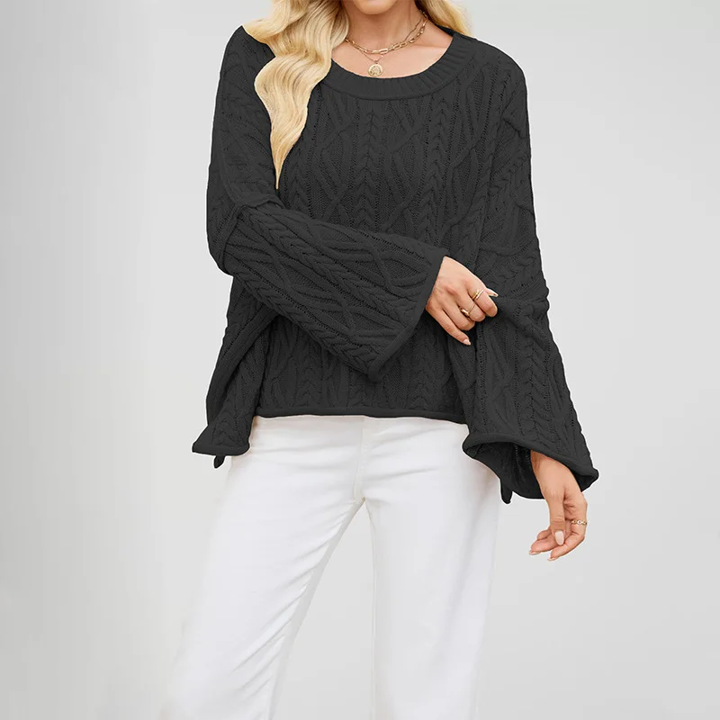 New Womens Oversized Cable Knit Bell Sleeve Sweater Crew Neck Side Slit Casual Pullover for Fall Winter view 2