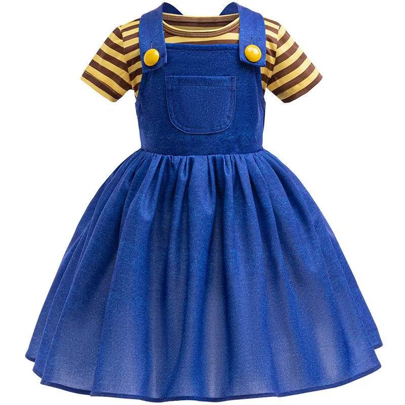 Yellow Stripe Short Sleeve Girl Costume Toddler Suspender Skirt Halloween Carnival Agnes Dress Cosplay Kids Daily Wear