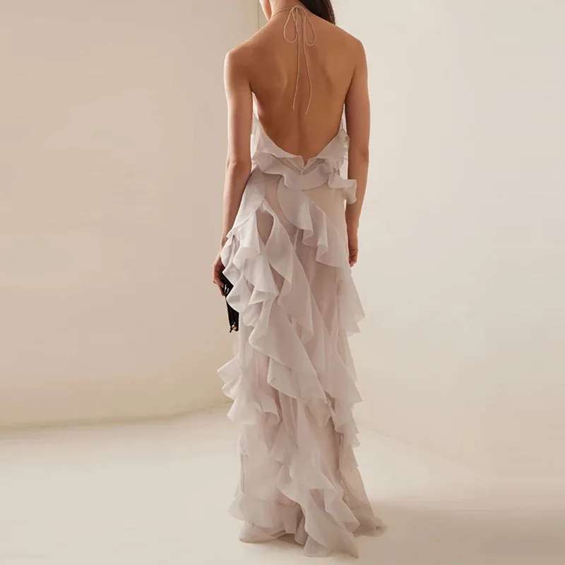 Bonny 2025 diepe V halter feestjurk - mouwloze pure chiffon ruches hoge split club nacht sexy avondjurk high street fashi