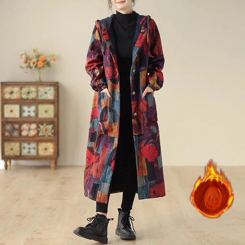 Mom's Cotton Jacket With Plush And Thickened 2024 Autumn Winter New Long Loose Printed Hooded Windbreaker Fleece Coat L225