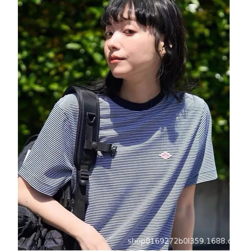 Japanese-style DANTON striped T-shirt with contrast collar small logo embroidery, loose heavy-duty cotton top
