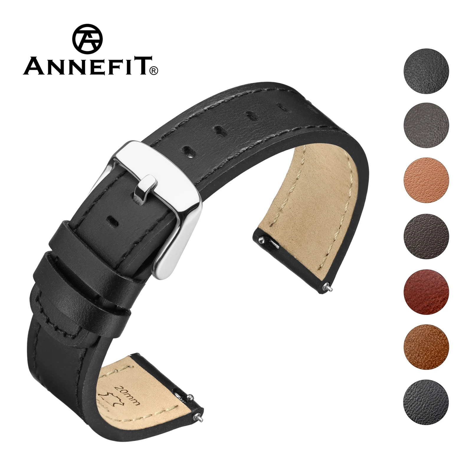 

ANNEFIT Quick Release Leather Bracelet 18mm 19mm 20mm 21mm 22mm Watch Strap, Replacement and Adjustable Watch Band for Men