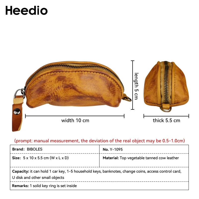 Large Capacity Retro Soft Cowhide Key Bag Zipper Buckle Genuine Leather Key Case Short Vertical Square Shape Soft Surface