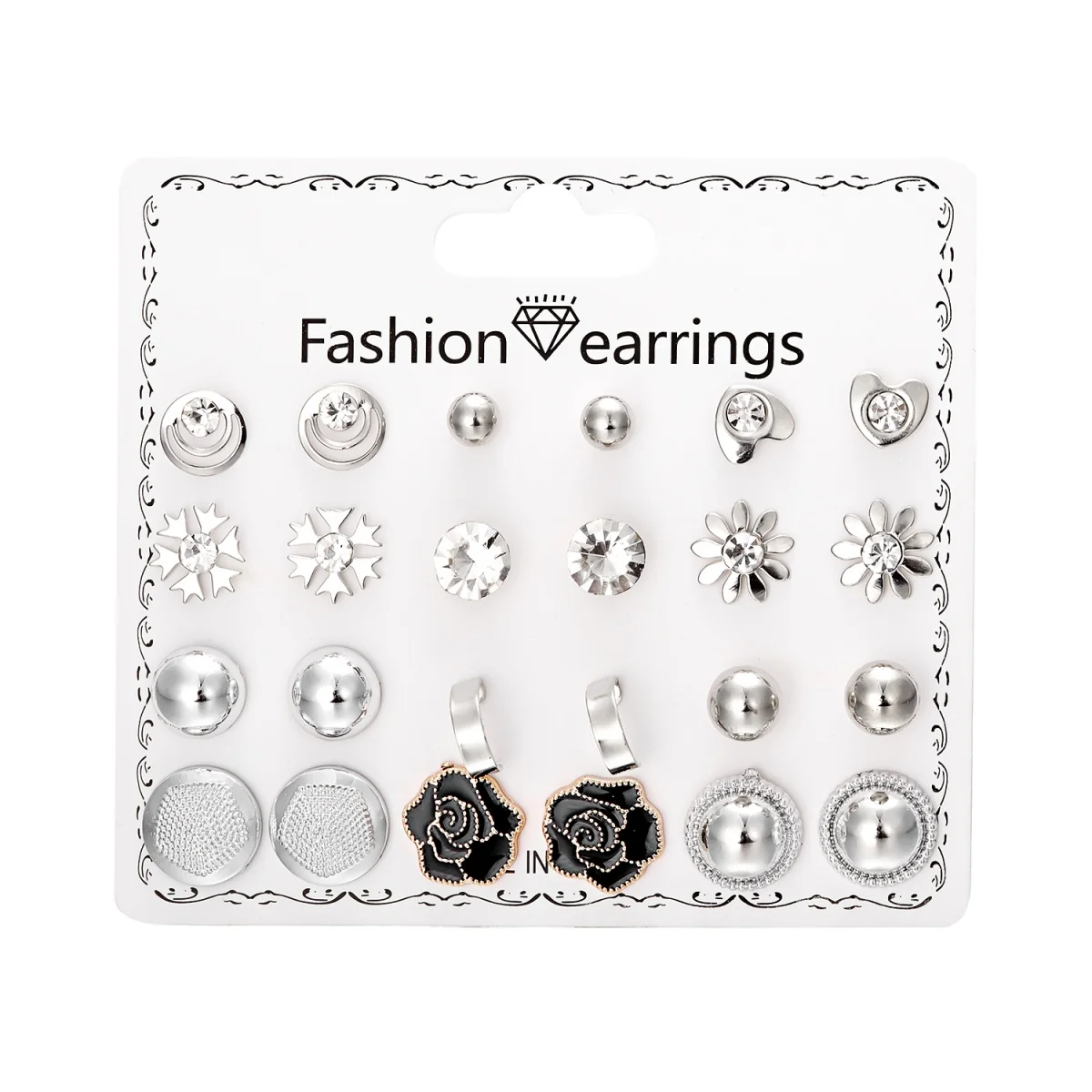 12 Paare/satz Silber Farbe Metall Runde Schneeflocke Blume Stud Ohrringe Für Frauen Männer Geometrische Schwarz Floral Ohrring Modeschmuck