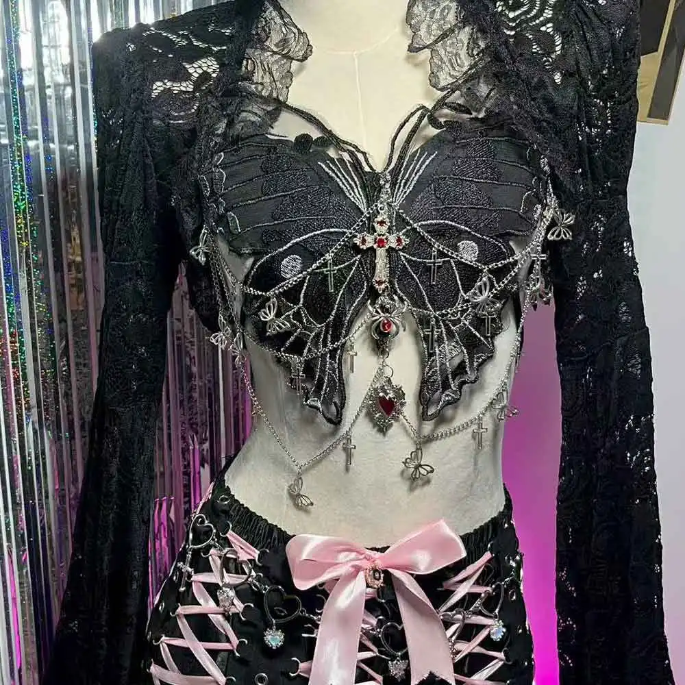DIY Chain Goth 90s Trendy Emo Teen Y2K TOPS Punk Rock Harajuku Kawaii E-Girls Chain Butterfly Eco Gothic Cross Grunge
