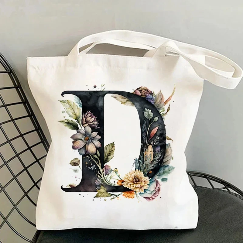 26 Black Alphabet Flower Tote Bags for Women Large Capacity Canvas Casual New Shopping Printed Reusable Handbag Eco Bag Large