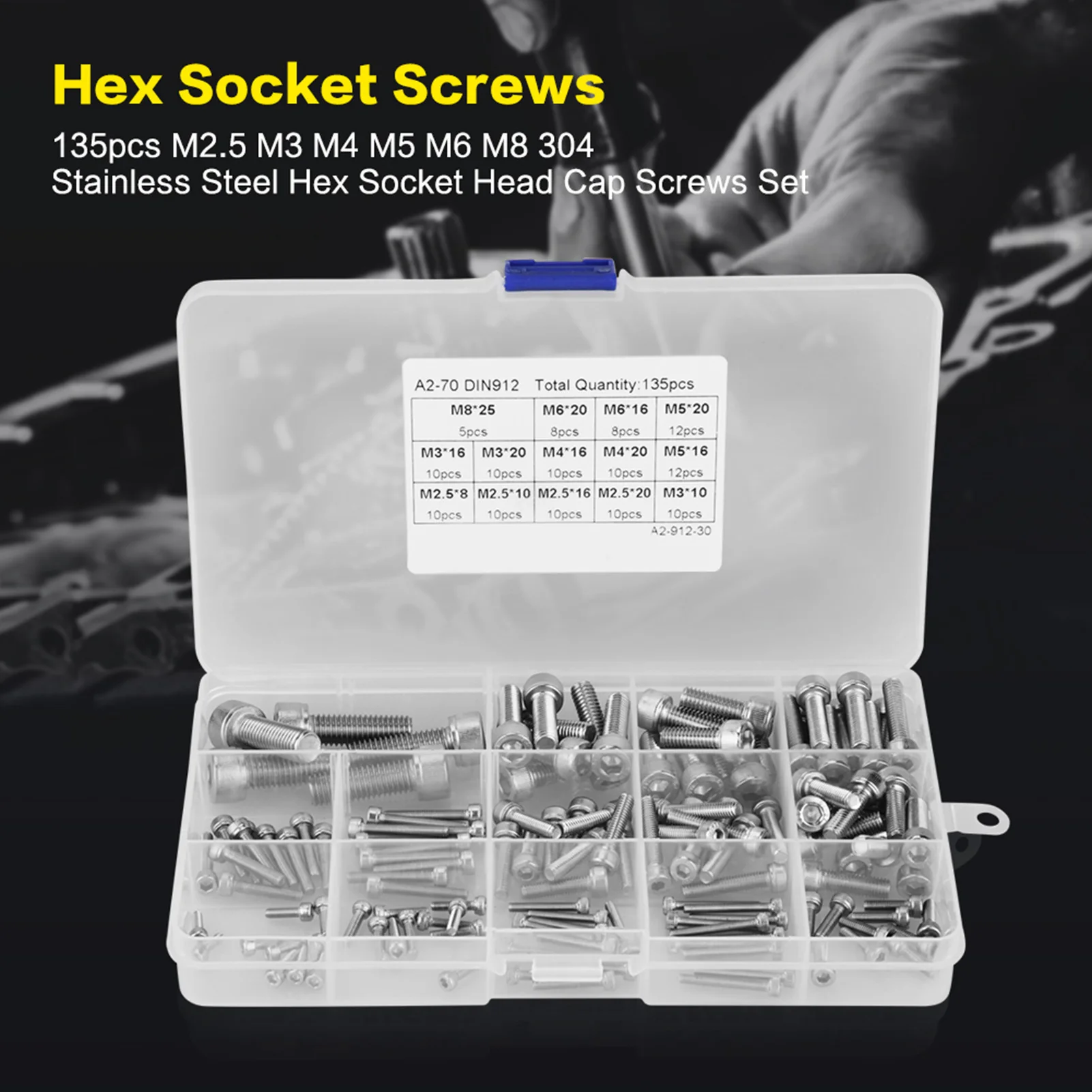 135pcs M2.5 M3 M4 M5 M6 M8 304 Stainless Steel Hex Socket Head Cap Screws Set